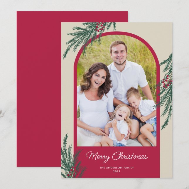 Cartão De Festividades Arco Foto Folhagem de Inverno Feliz Natal (Frente/Verso)