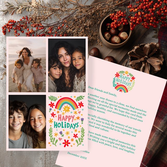 Cartão De Festividades Arco-Íris - Letra 3 FOTO PERSONALIZADA desenhada m (Rainbow Colorful Hand-Drawn CUSTOM 3 PHOTO Letter Christmas Holiday Card Pink 
)