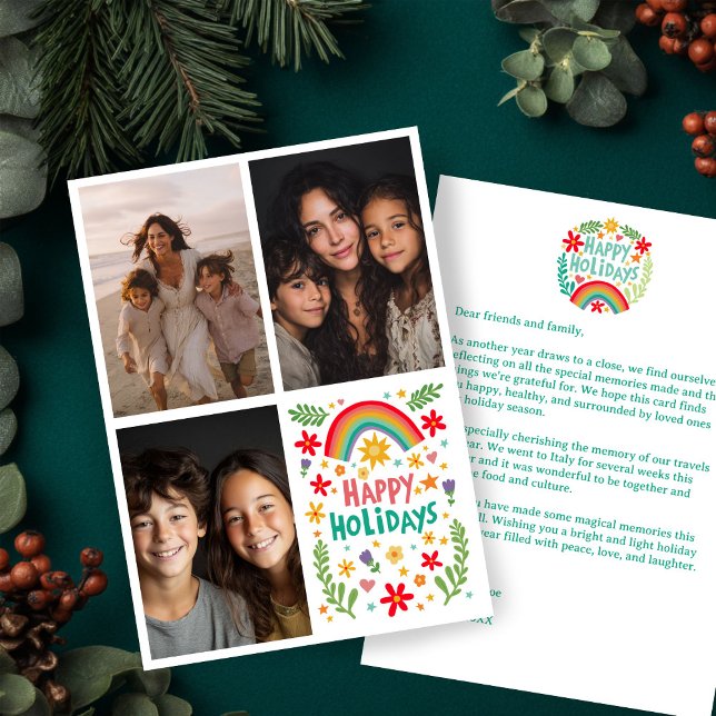 Cartão De Festividades Arco-Íris - Letra 3 FOTO PERSONALIZADA desenhada m (Rainbow Colorful Hand-Drawn CUSTOM 3 PHOTO Letter Holiday Card - add your own text
)