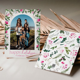 Cartão De Festividades Arco Moderno de Feliz Natal Rosa Brilhante e Folha