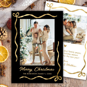 Cartão De Festividades Arco Preto e Dourado Moderno 2 Foto Feliz Natal