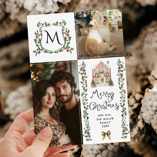 Cartão De Festividades Arco Rustic Greenere Monograma Feliz Foto de Natal