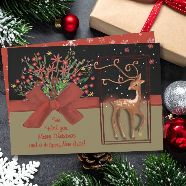 Cartão De Festividades Arco Vermelho Bonito Preto e Dourado (Cute Reindeer Red Bow Black & Gold Holiday Card)