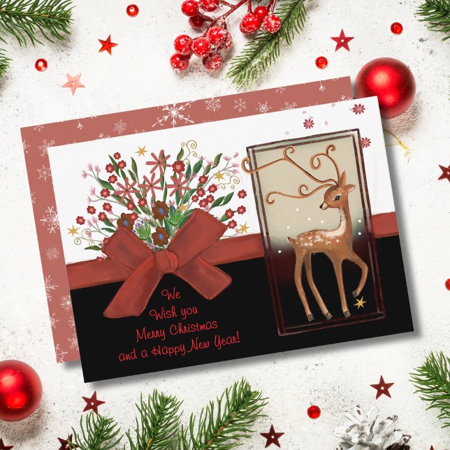 Cartão De Festividades Arco Vermelho Branco Preto (Deer Red Bow Black White Holiday Card)