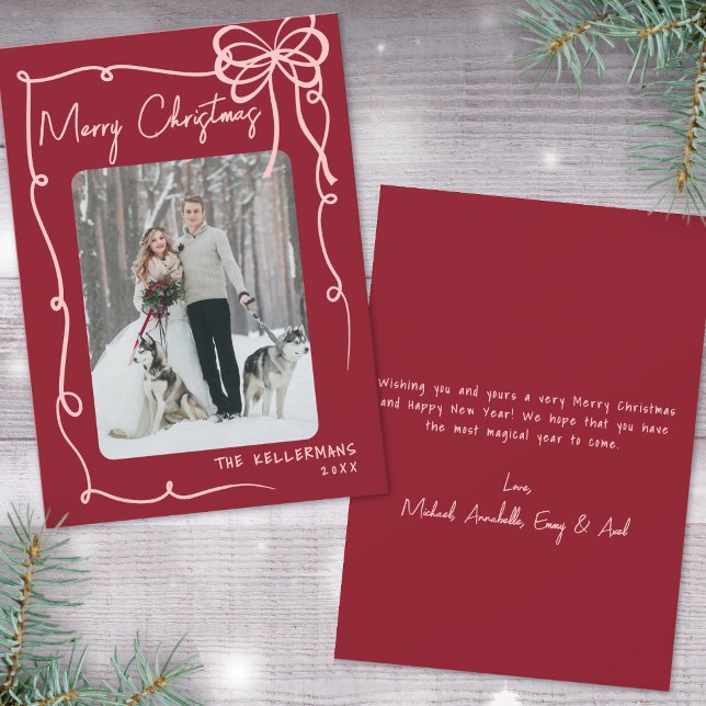 Cartão De Festividades Arco Vermelho de Fita Desenhada à Mão - Natal (Hand Drawn Ribbon Bow Red Retro Christmas Holiday Card)