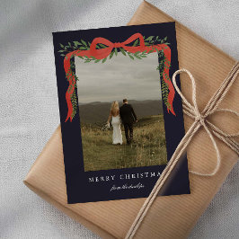 Cartão De Festividades Arco Vermelho Elegante com Foto de Natal com Verdu