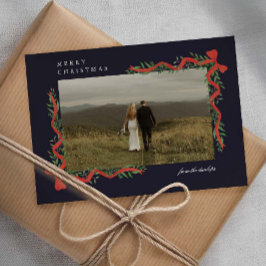 Cartão De Festividades Arco Vermelho Elegante com Foto de Natal com Verdu