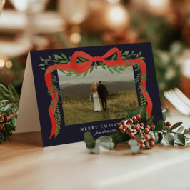 Cartão De Festividades Arco Vermelho Elegante com Foto de Natal com Verdu