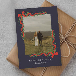 Cartão De Festividades Arco Vermelho Elegante com Foto Greenery Ano Novo