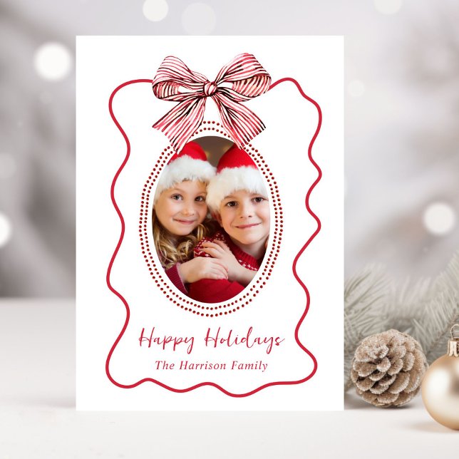 Cartão De Festividades Arco Whimsical Red Wavy Foto do Natal (Share the love and warmth of the season with your personalized photo Christmas card)