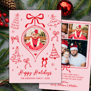 Cartão De Festividades Arcos Desenhados à Mão Foto Rosa e Vermelho Natal 