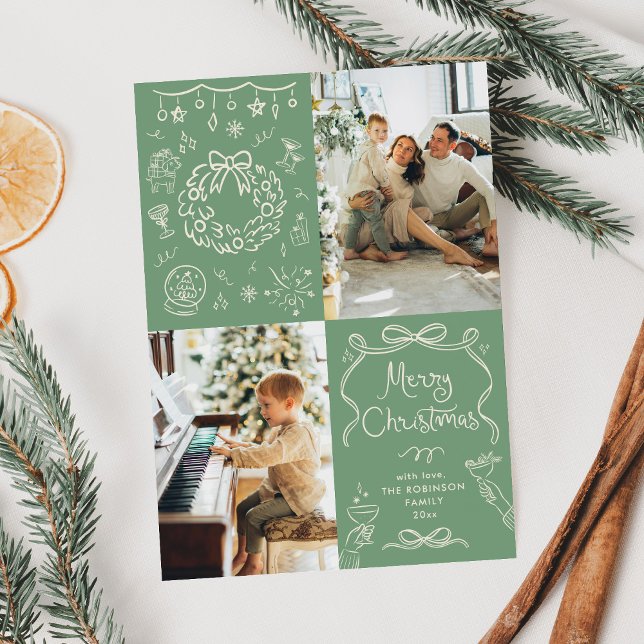 Cartão De Festividades Arcos Desenhados de Mão Verde Feliz Natal 2 Foto (Criador carregado)