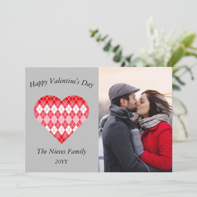 Cartão De Festividades Argyle Namorados Clássico Vermelho e Rosa (Cinza) (Em pé/Frente)