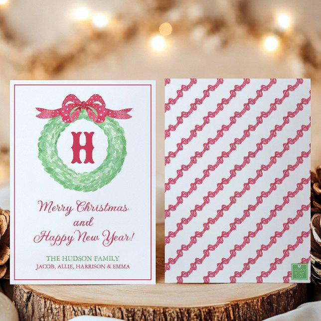 Cartão De Festividades Aro de Monograma de Laço de Bolinhas Vermelhas em  (Criador carregado)