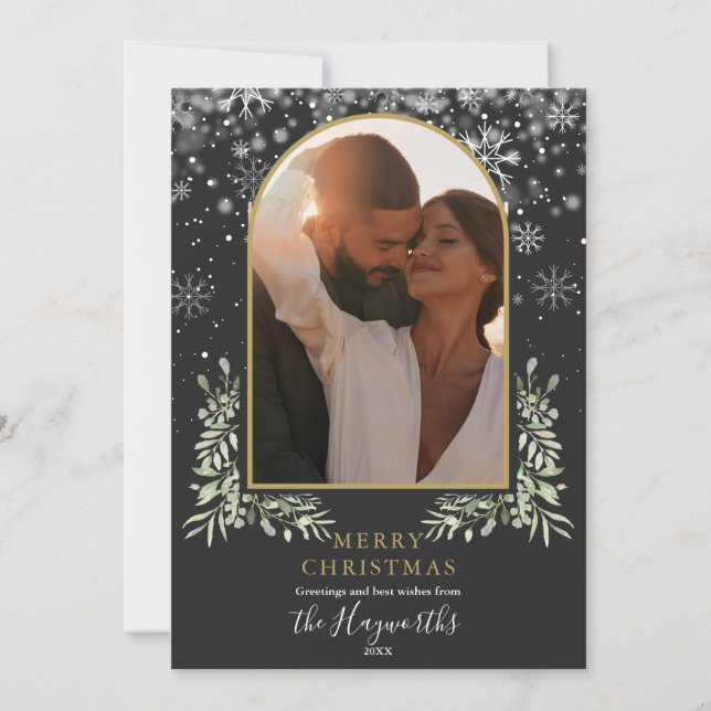 Cartão De Festividades Arranjo Floral de Natal Verde Dourado Arco Foto (Frente)