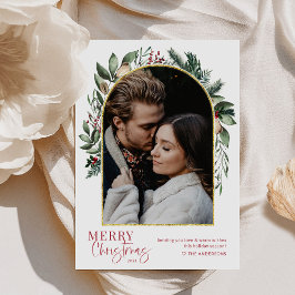 Cartão De Festividades Arranjo Moderno de Natal Verdejante Arco Dourado F