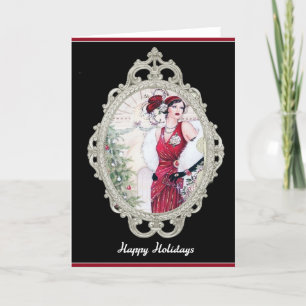 Cartão De Festividades Art Deco Christmas Flapper Woman em Vermelho