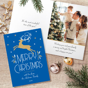 Cartão De Festividades Art Deco Christmas Reindeer Photo Blue Dourado