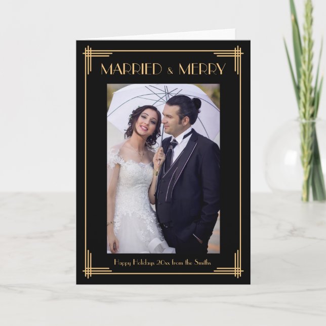 Cartão De Festividades Art Deco Married And Merry Christmas Greeting Card (Frente)