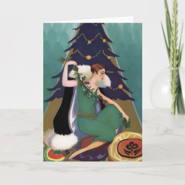 Cartão De Festividades Art Deco Xmas, Pascaline em Teal, Dourado e Marinh (Frente)