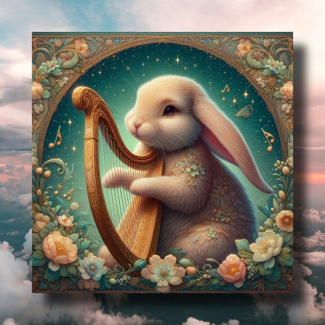 Cartão De Festividades Art Nouveau Músico Bunny Harp Páscoa (Criador carregado)