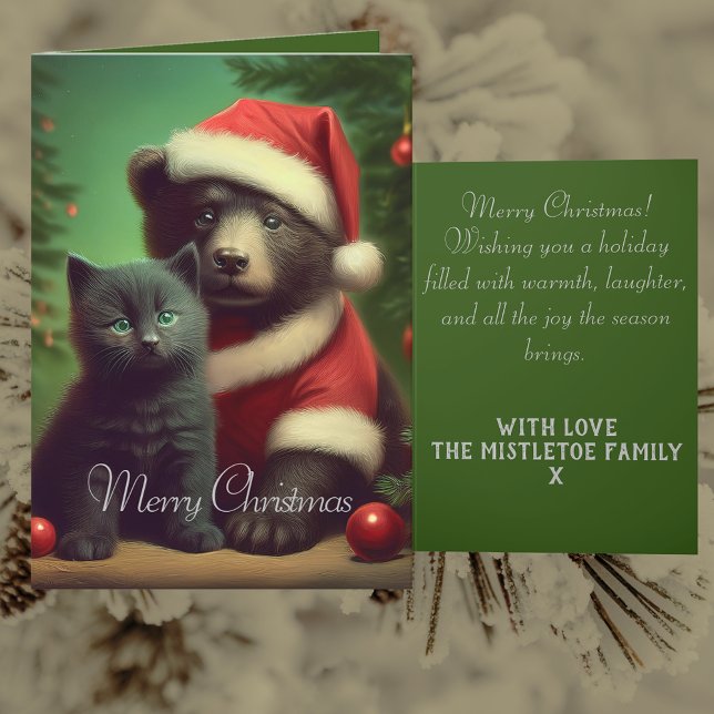 Cartão De Festividades Artan & Pip | Natal do Urso Whimsso e Kitten (A vintage style victorian inspired Santa hat bear Father Christmas Black Cat family holiday card)