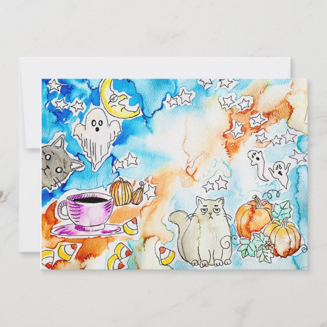 Cartão De Festividades Arte de Gato de Halloween (Frente)