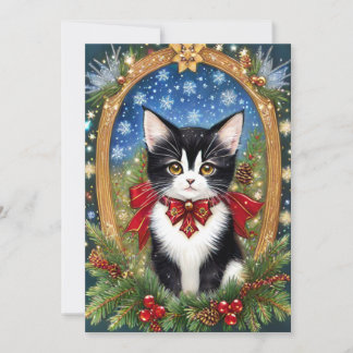 Cartão De Festividades Arte de Gato Tuxedo Art Nouveau Natal Vintage 