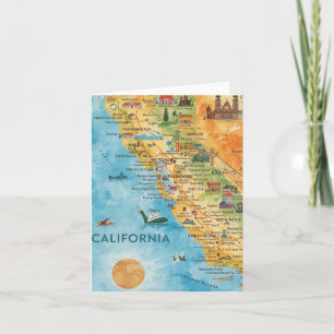 Cartão De Festividades Arte de Mapa de Aquarela Ilustrado da Califórnia