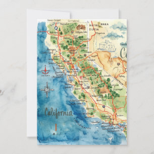 Cartão De Festividades Arte de Mapa de Viagem da Califórnia em Aquarela V