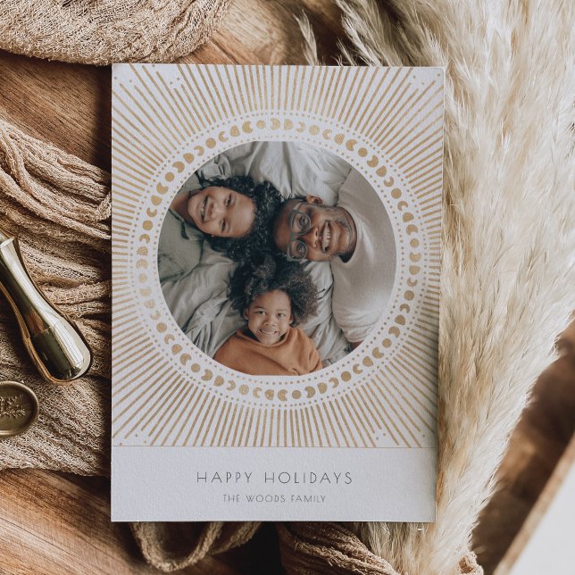 Cartão De Festividades Arte Deco de Moldura de Explosão Solar Dourada (Criador carregado)