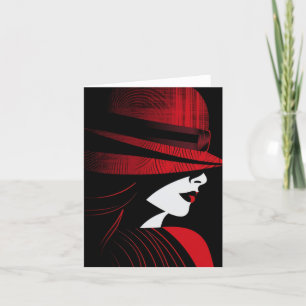 Cartão De Festividades Arte Deco Vermelha e Preta Senhora de Chapéu