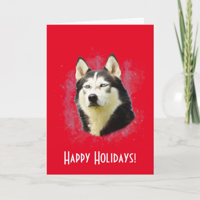 Cartão De Festividades Arte em Aquarela de Cachorro Husky Siberiano Feliz (Frente)