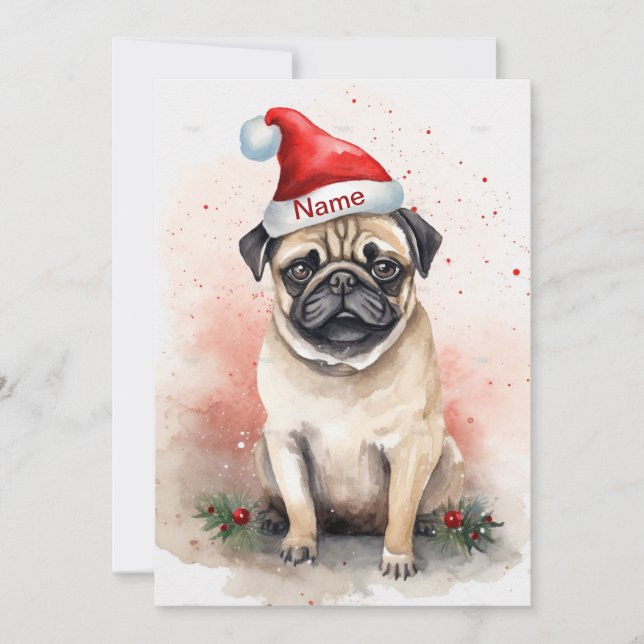 Cartão De Festividades Arte em Aquarela de Pug de Natal com Poinsettia (Frente)