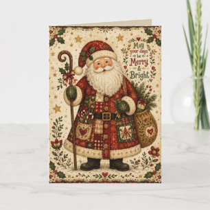 Cartão De Festividades Arte Folclórica Natalino Antigo Papai Noel Alegre