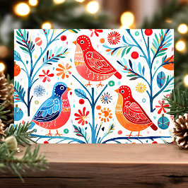 Cartão De Festividades Arte Folclórica Pássaros e Flores Colorido Floral