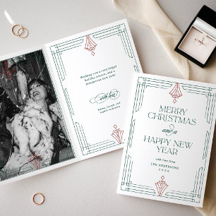 Cartão De Festividades Arte Moderna Deco Foto de Natal   Branco com Verde