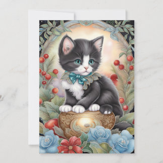 Cartão De Festividades Arte Nouveau Floral de Gato Smoking 