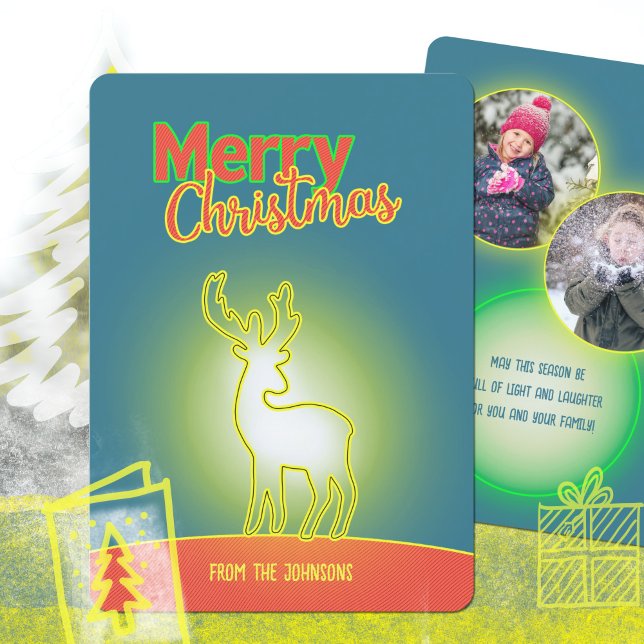 Cartão De Festividades Arte Pop Renas de Neon Duas Foto Natal (Pop Art Neon Reindeer Two Photo Christmas Holiday Card ©Susanne Sachers - Sunny Mind 🌞)