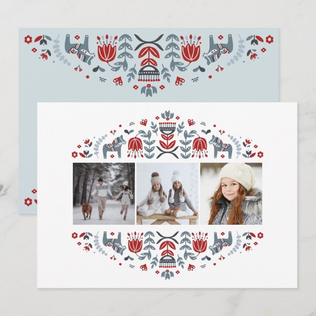 Cartão De Festividades Arte Popular Nórdica | Férias de Natal Multi Foto (Frente/Verso)