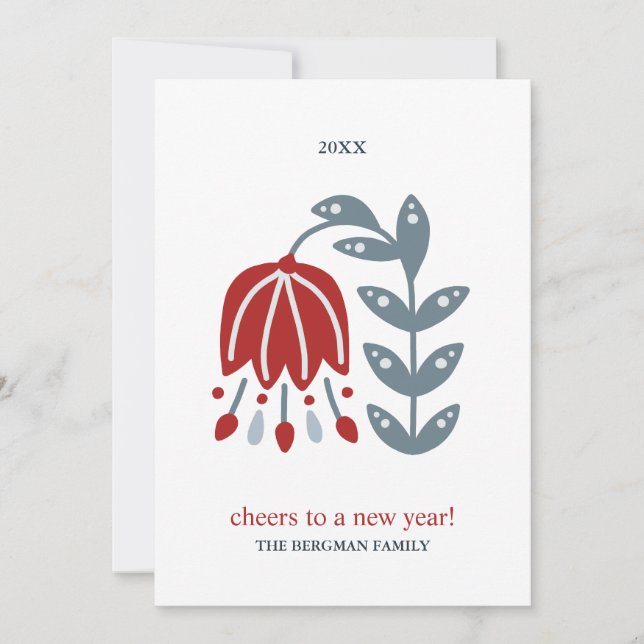 Cartão De Festividades Arte Popular Nórdica Flor Vermelha Duas Fotos Nata (Frente)