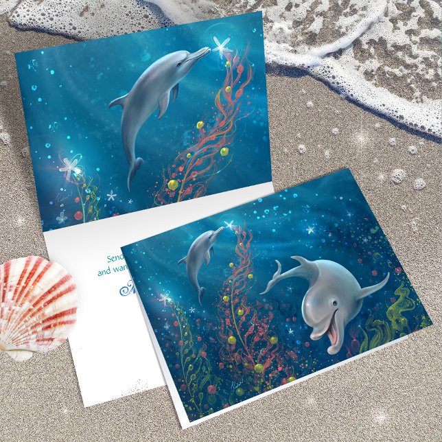Cartão De Festividades Arte Única de Golfinho Feliz Natal Mágico (Add your own custom holiday greeting to these unique,  painted dolphin Christmas cards.)