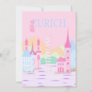 Cartão De Festividades Arte Viagem Zurique, Suiça, Pré-Disquete Rosa