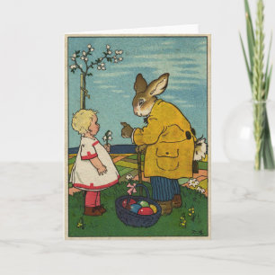 Cartão De Festividades Arte Vintage - Garota Pequena com Coelhinho da Pás