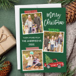 Cartão De Festividades Artesanato de Script de Pincel Fita Vermelha Natal<br><div class="desc">A Placa de Férias de Colagem de Foto do Feliz Natal 3 moderno inclui Fita de Artesanato e Caminhão Vermelho de Vintage de Watercolor com Árvore de Natal. Fundo Verde Florestal.</div>