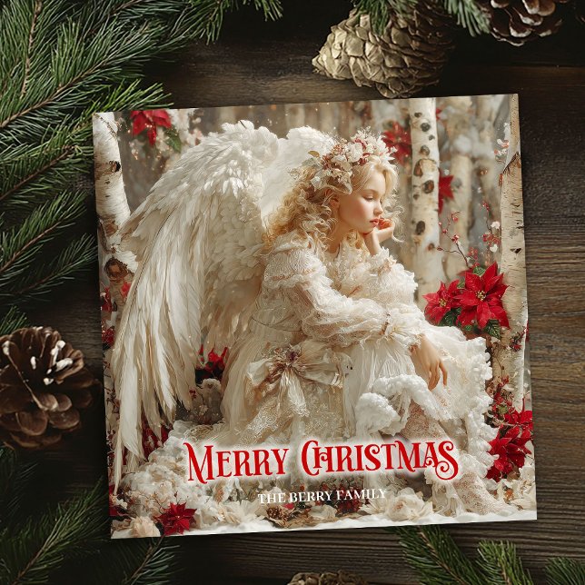 Cartão De Festividades Artistic Christmas angel red poinsettias cheerful  (Artistic Christmas angel red poinsettias cheerful greeting card

)