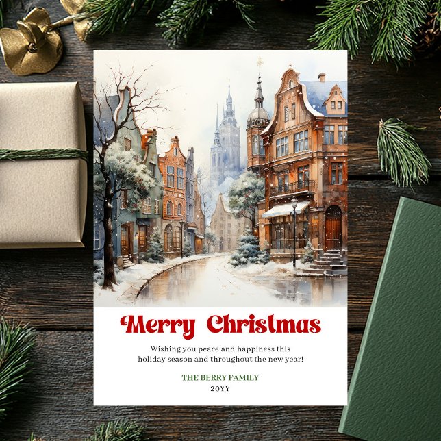 Cartão De Festividades Artistic rustic holiday scene cozy winter city art (Artistic rustic holiday scene cozy winter city art)