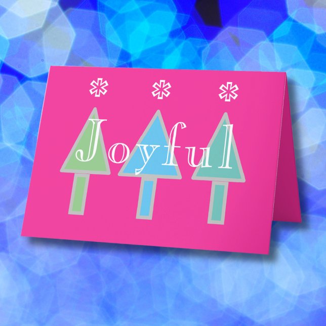 Cartão De Festividades Artsy Modern Christmas Personated Name Cute (Joyful pink horizontal holiday card with abstract art Christmas trees.)