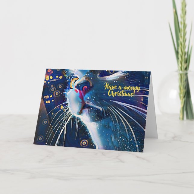 Cartão De Festividades Artsy Starry Night Style Cat Art Meowy Natal (Frente)