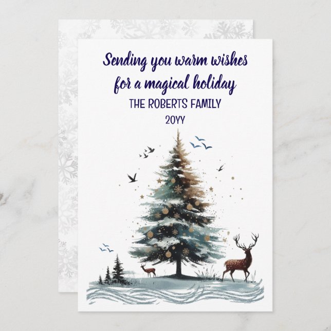 Cartão De Festividades Árvore Abstrata com Veado em Estilo Aquarela (Frente/Verso)
